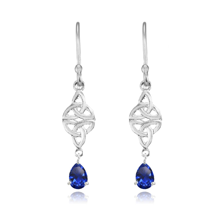 Sterling Silver Created Blue Sapphire Celtic Trinity Knot Teardrop Dangle Drop Earrings