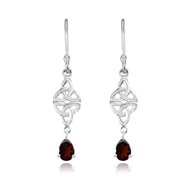 Sterling Silver Garnet Celtic Trinity Knot Teardrop Dangle Drop Earrings