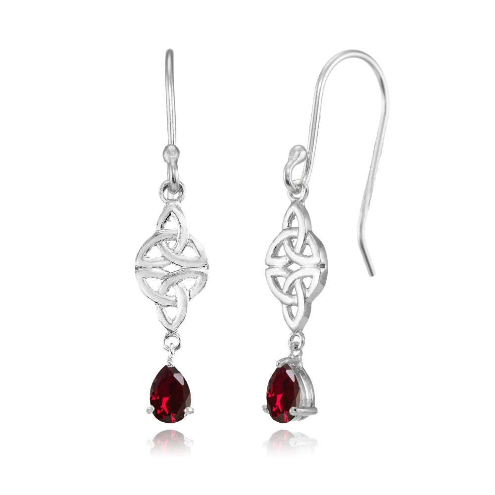 Sterling Silver Created Ruby Celtic Trinity Knot Teardrop Dangle Drop Earrings