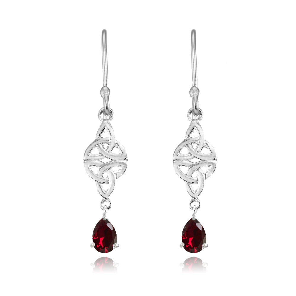 Sterling Silver Created Ruby Celtic Trinity Knot Teardrop Dangle Drop Earrings-2
