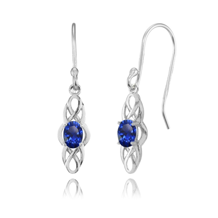 Sterling Silver Created Blue Sapphire Celtic Knot Oval Dangle Drop Earrings