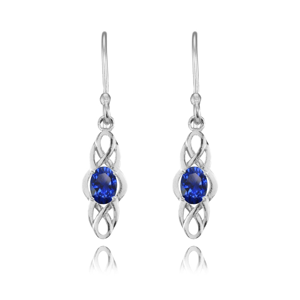 Sterling Silver Created Blue Sapphire Celtic Knot Oval Dangle Drop Earrings-2
