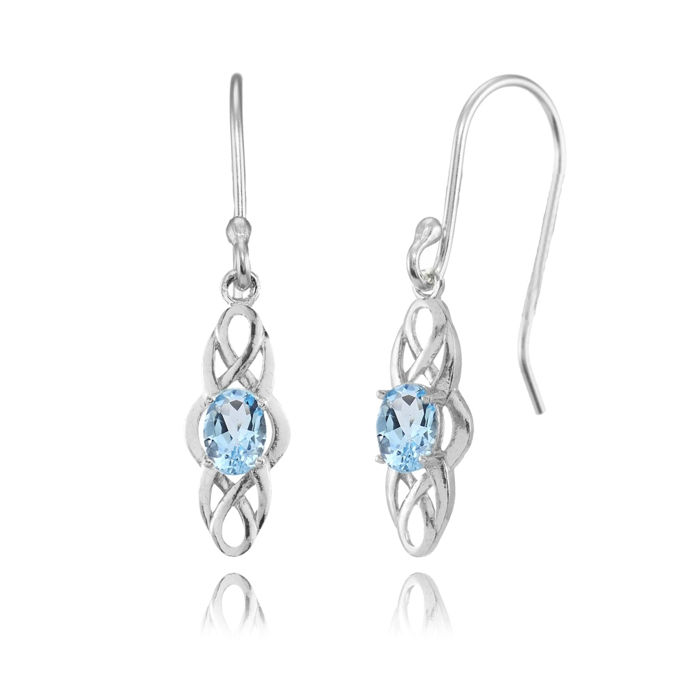 Sterling Silver Blue Topaz Celtic Knot Oval Dangle Drop Earrings