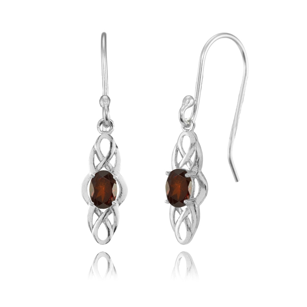 Sterling Silver Garnet Celtic Knot Oval Dangle Drop Earrings
