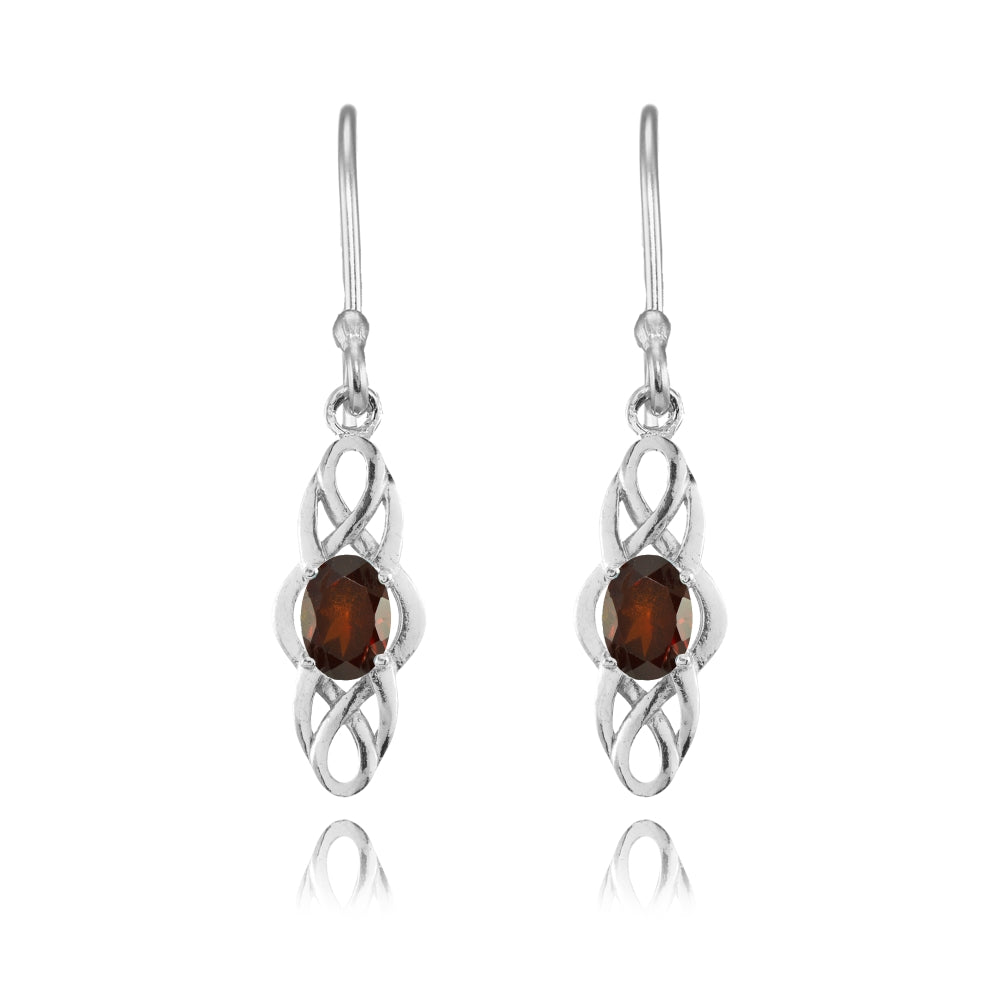Sterling Silver Garnet Celtic Knot Oval Dangle Drop Earrings-2