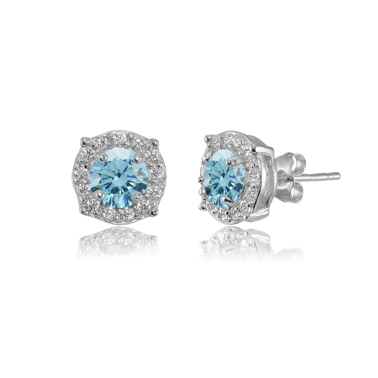 Sterling Silver 5mm Round Light Blue Halo Stud Earrings created with Swarovski Crystals