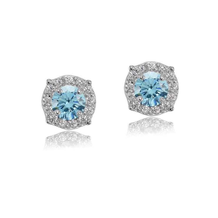 Sterling Silver 5mm Round Light Blue Halo Stud Earrings created with Swarovski Crystals