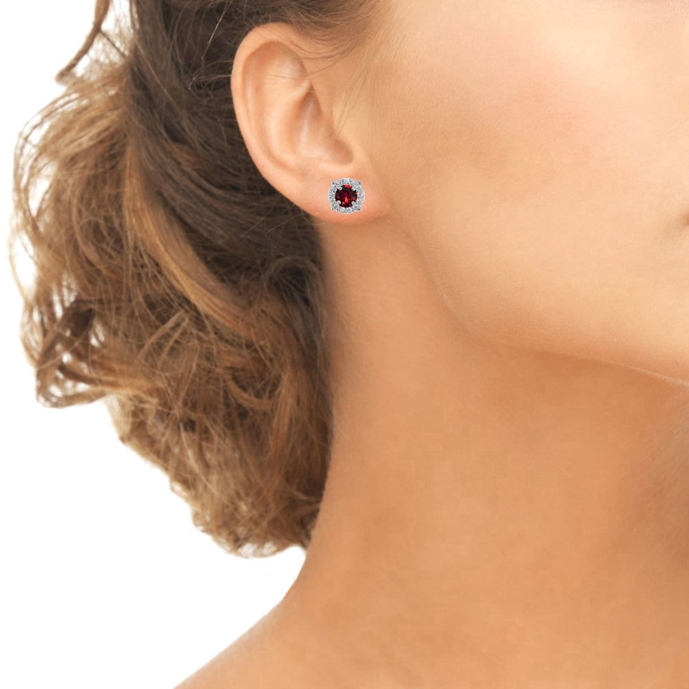Sterling Silver 5mm Round Red Halo Stud Earrings created with European Crystals-2