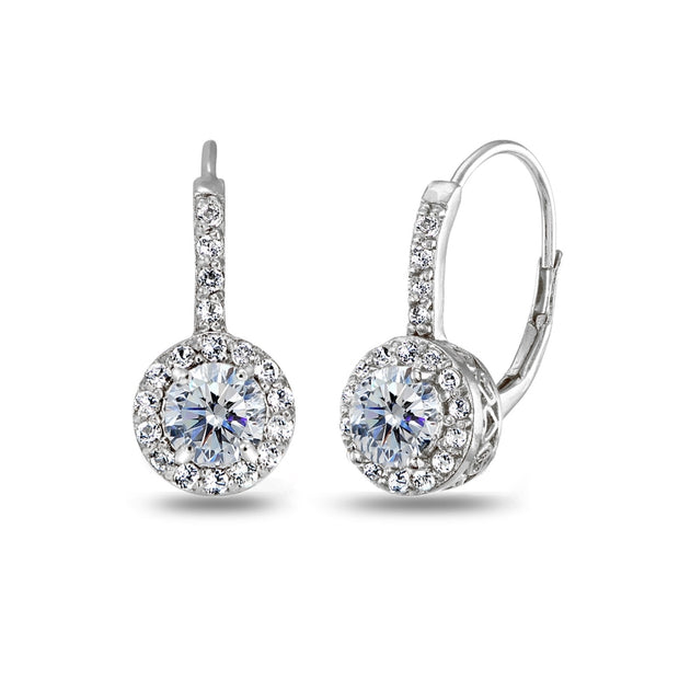 Sterling Silver Clear Halo Leverback Drop Earrings created with Swarovski Crystals