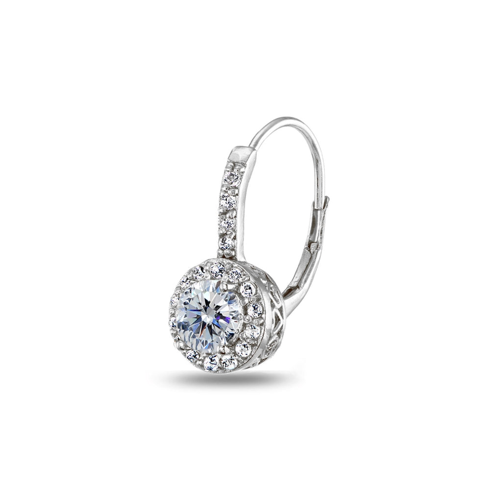 Sterling Silver Clear Halo Leverback Drop Earrings created with Swarovski Crystals-3