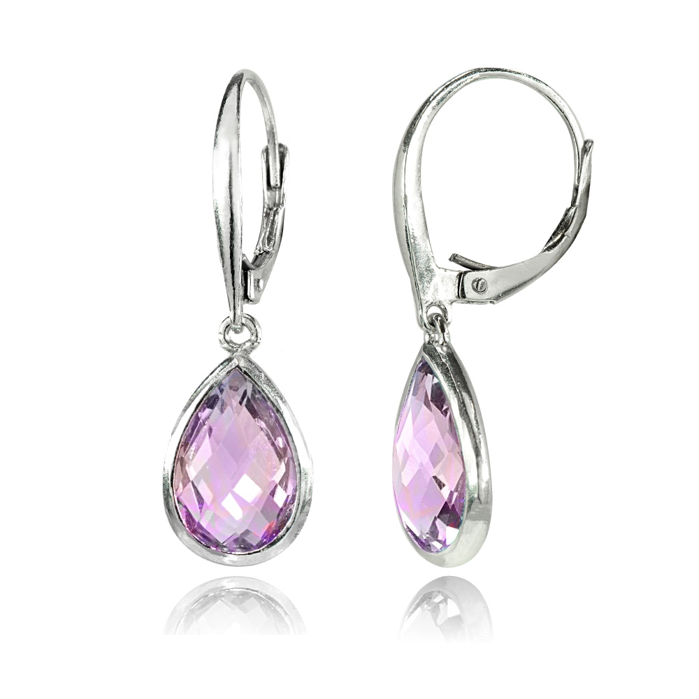 Sterling Silver Amethyst Teardrop Dainty Dangle Leverback Earrings-2
