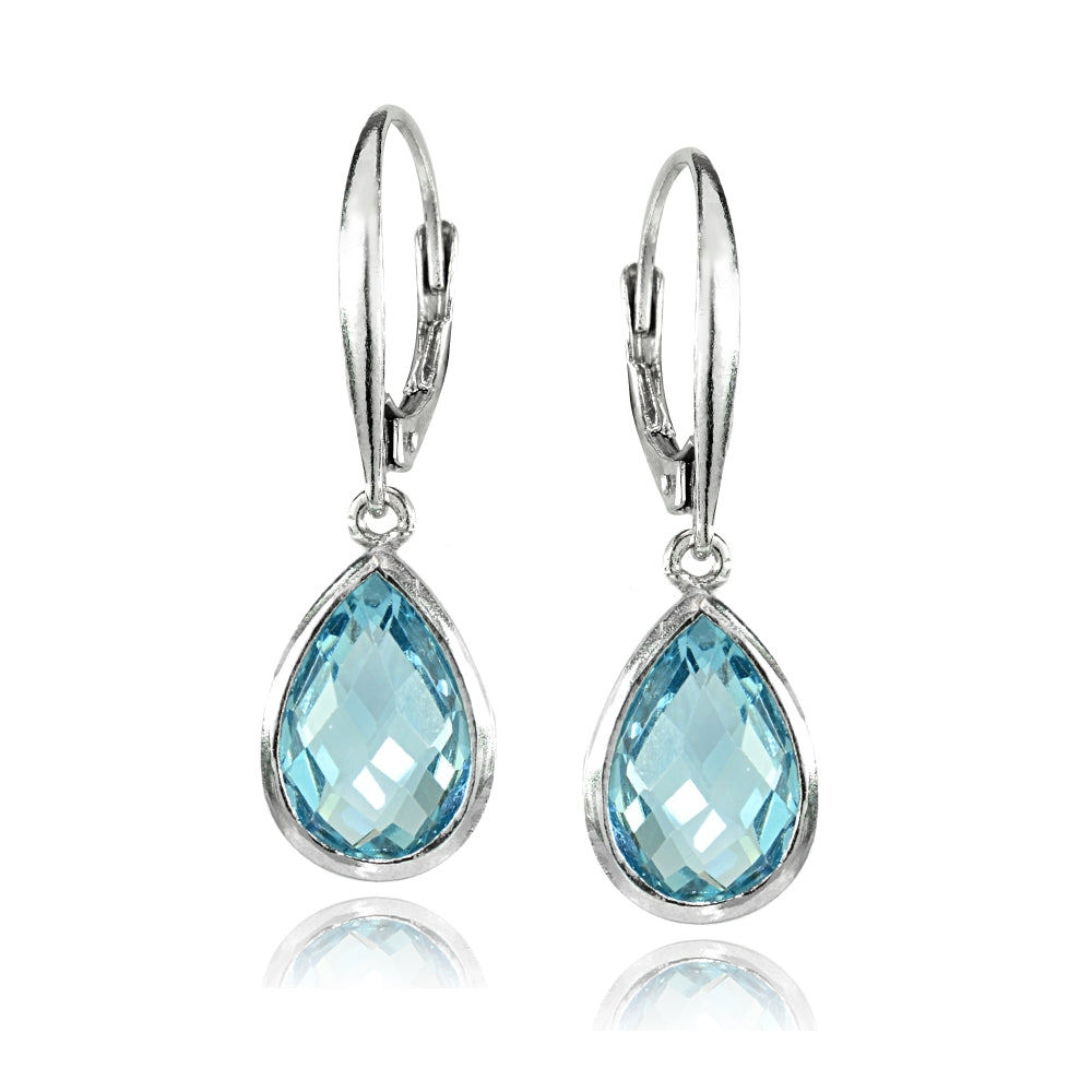Sterling Silver Blue Topaz 12x8mm Bezel-Set Pear Teardrop Dangle Leverback Earrings