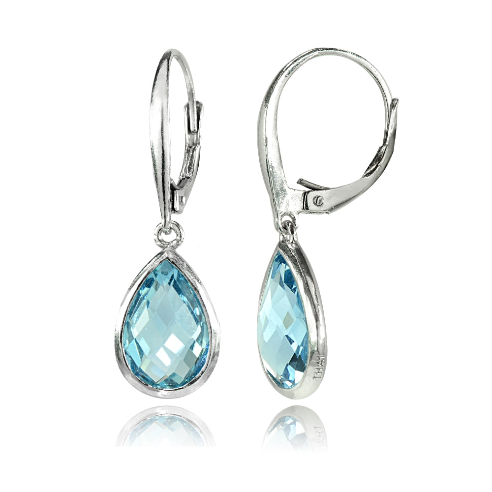 Sterling Silver Blue Topaz 12x8mm Bezel-Set Pear Teardrop Dangle Leverback Earrings-3