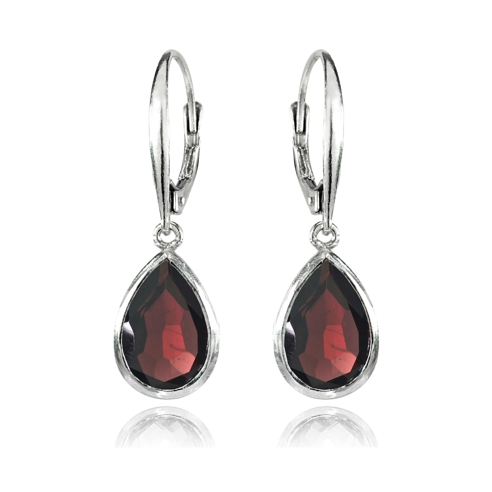 Sterling Silver Garnet Teardrop Dainty Dangle Leverback Earrings