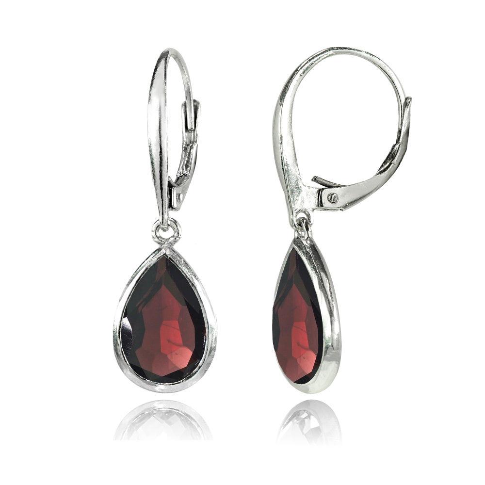 Sterling Silver Garnet Teardrop Dainty Dangle Leverback Earrings-2