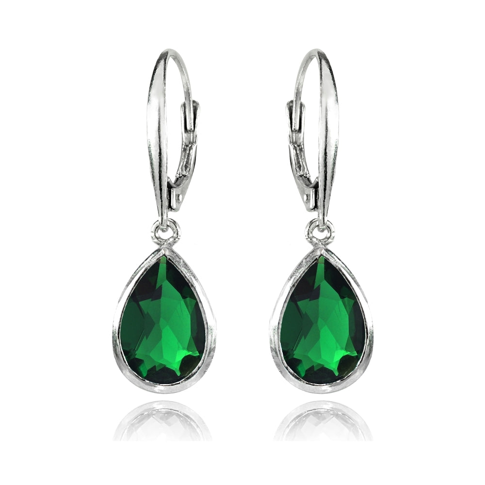 Sterling Silver Simulated Emerald Teardrop Dainty Dangle Leverback Earrings