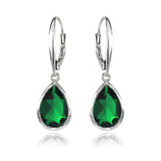 Sterling Silver Simulated Emerald Teardrop Dainty Dangle Leverback Earrings