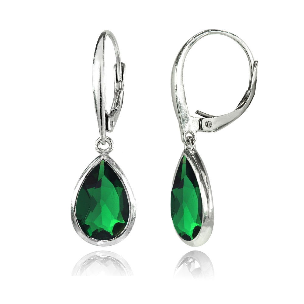 Sterling Silver Simulated Emerald Teardrop Dainty Dangle Leverback Earrings-2