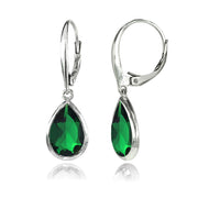 Sterling Silver Simulated Emerald Teardrop Dainty Dangle Leverback Earrings