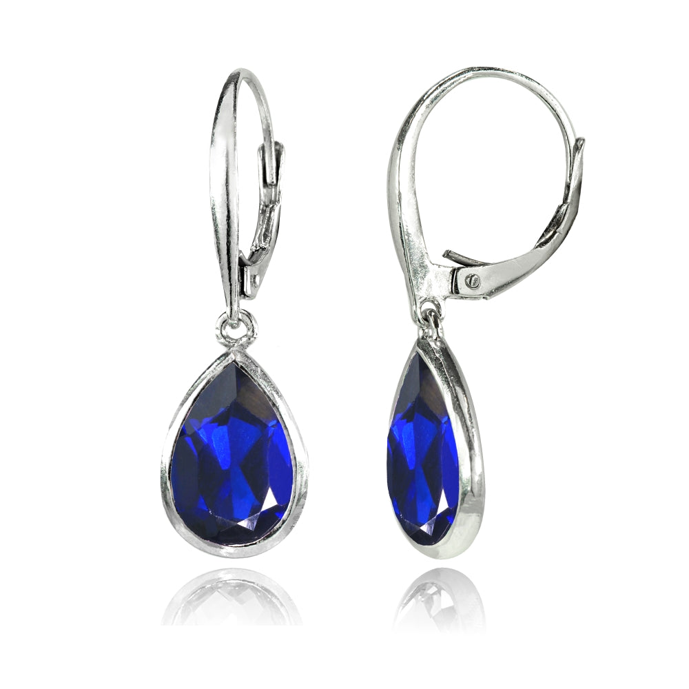 Sterling Silver Created Tanzanite Teardrop Dainty Dangle Leverback Earrings-2