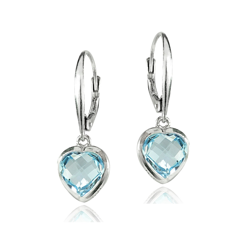Sterling Silver Blue Topaz 8mm Bezel-Set Heart Dangle Leverback Earrings