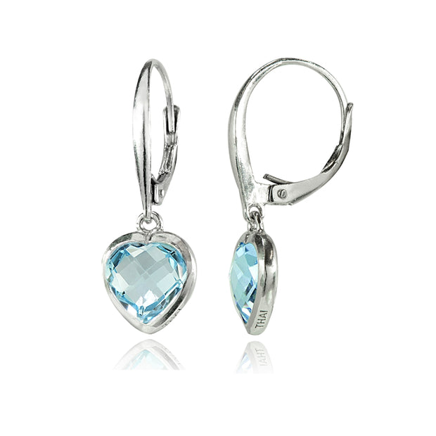 Sterling Silver Blue Topaz 8mm Bezel-Set Heart Dangle Leverback Earrings
