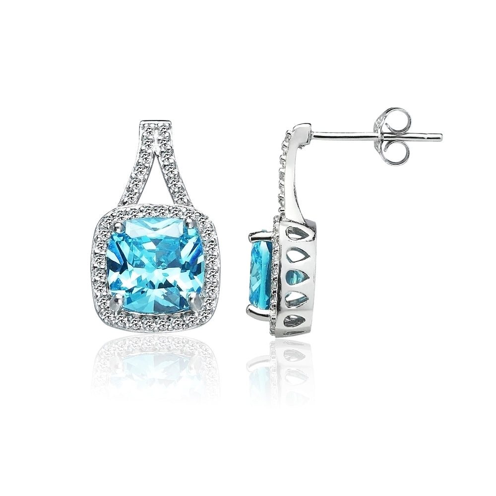 Sterling Silver Light Blue Cubic Zirconia 8mm Cushion-cut Halo Split Shank Stud Earrings