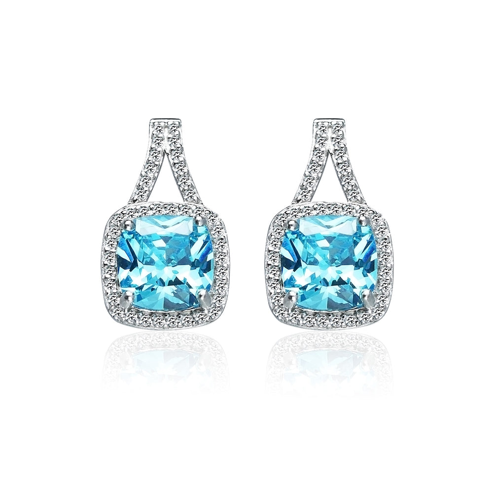 Sterling Silver Light Blue Cubic Zirconia 8mm Cushion-cut Halo Split Shank Stud Earrings-2