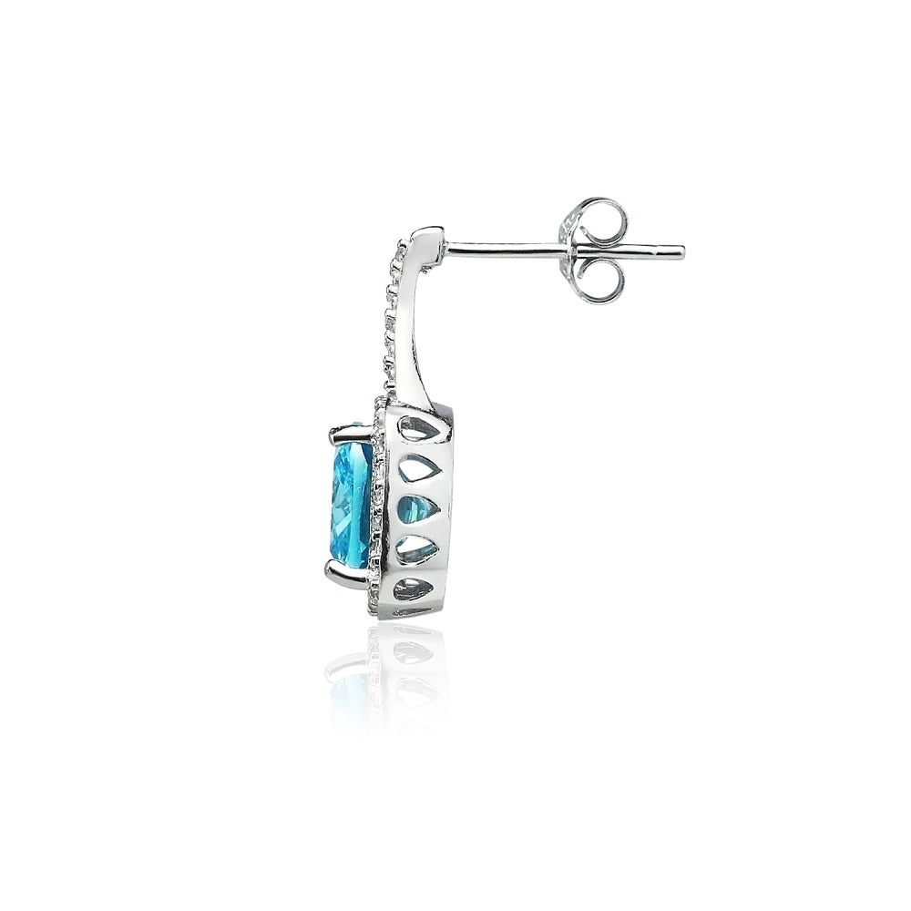 Sterling Silver Light Blue Cubic Zirconia 8mm Cushion-cut Halo Split Shank Stud Earrings-3