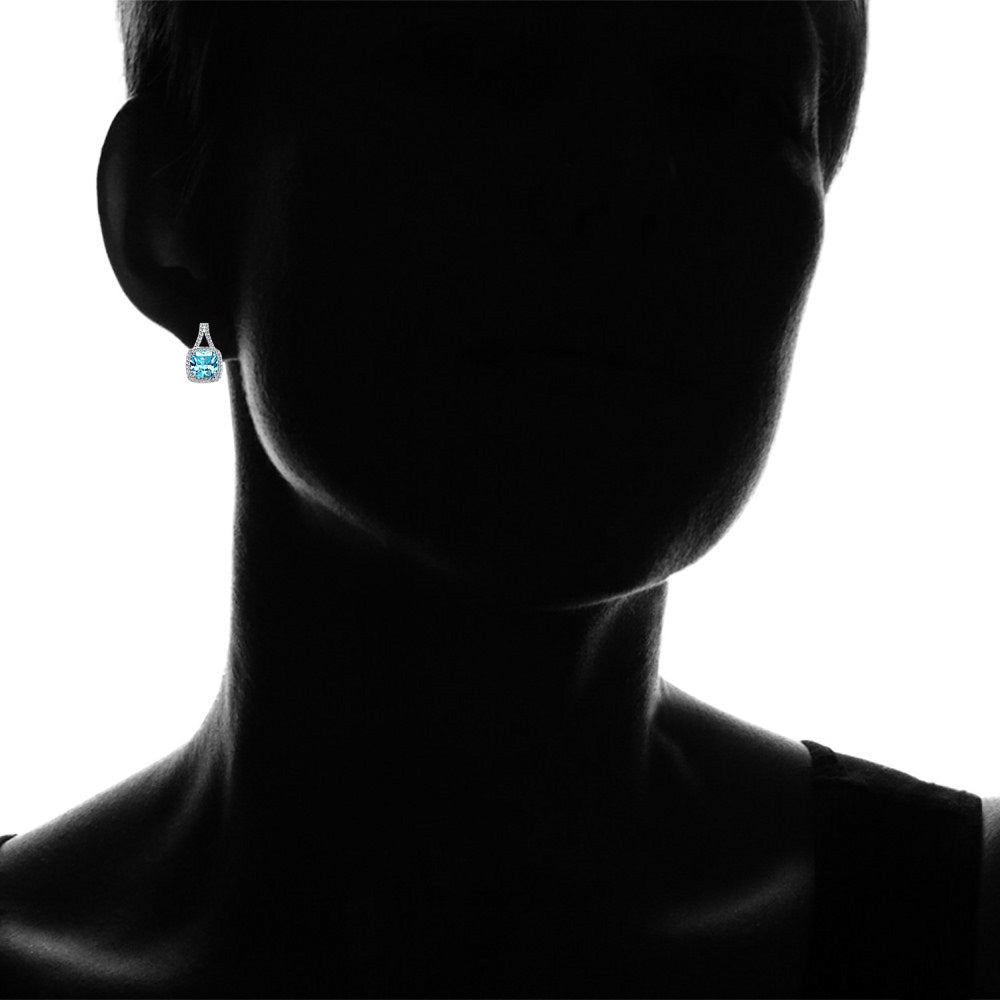 Sterling Silver Light Blue Cubic Zirconia 8mm Cushion-cut Halo Split Shank Stud Earrings-4