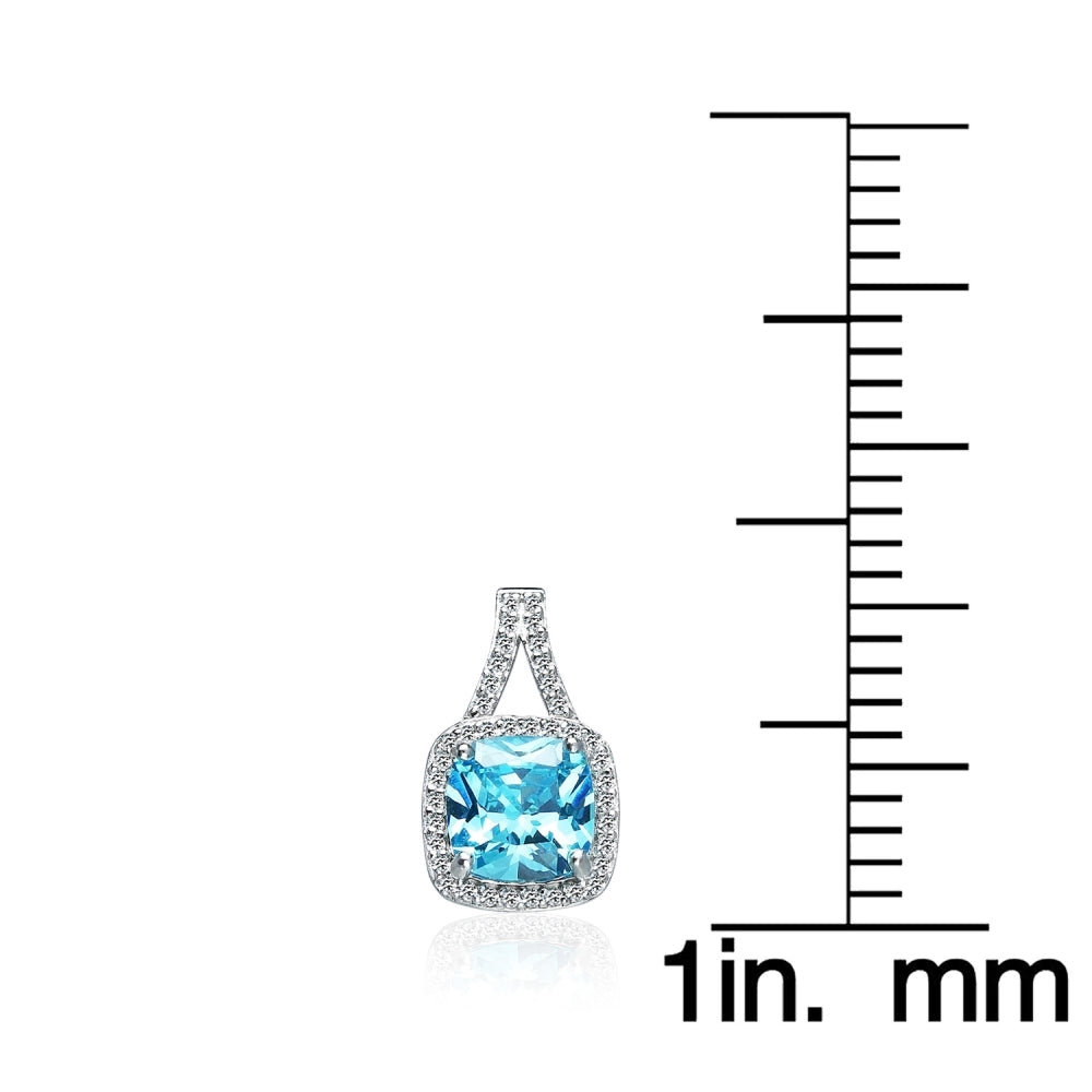 Sterling Silver Light Blue Cubic Zirconia 8mm Cushion-cut Halo Split Shank Stud Earrings-5