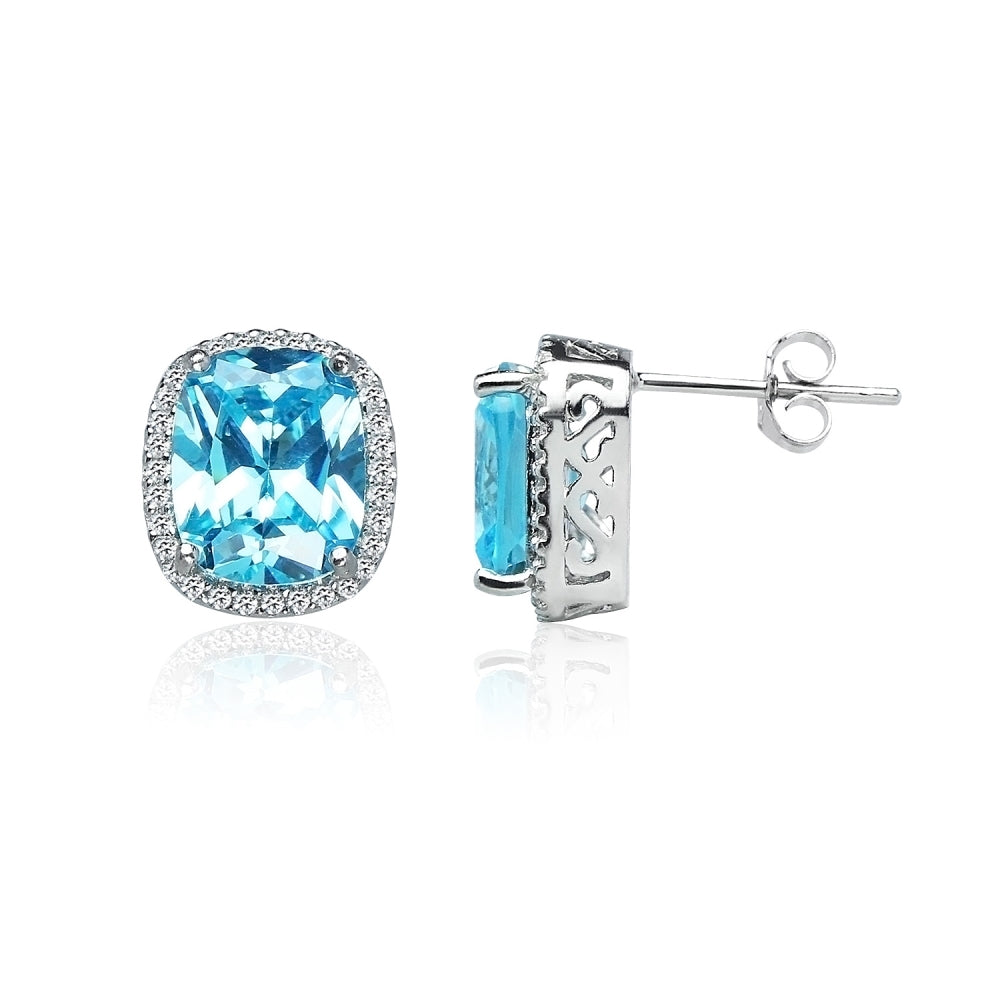 Sterling Silver Light Blue Cubic Zirconia 10x8mm Cushion-cut Rectangle Halo Stud Earrings
