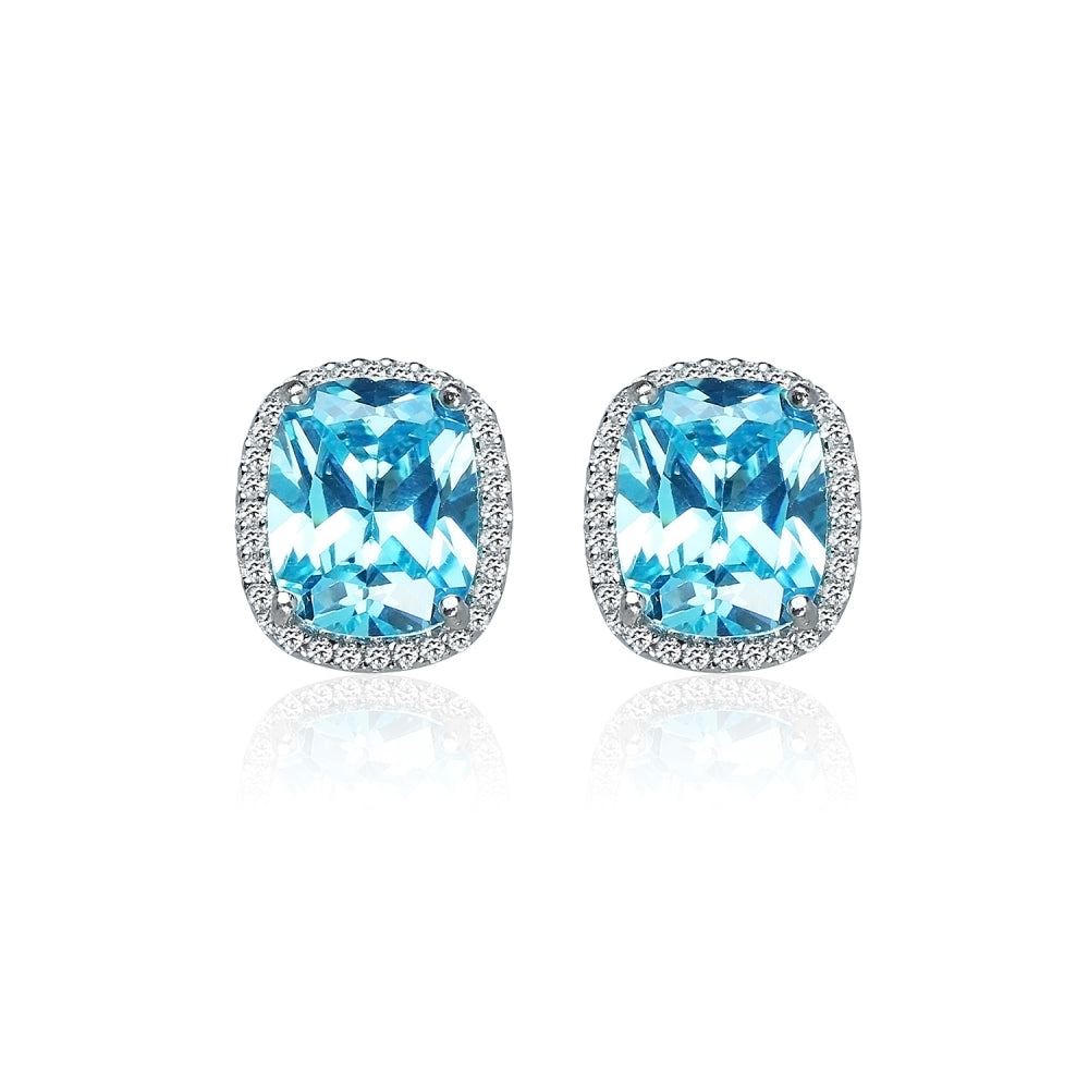 Sterling Silver Light Blue Cubic Zirconia 10x8mm Cushion-cut Rectangle Halo Stud Earrings-2