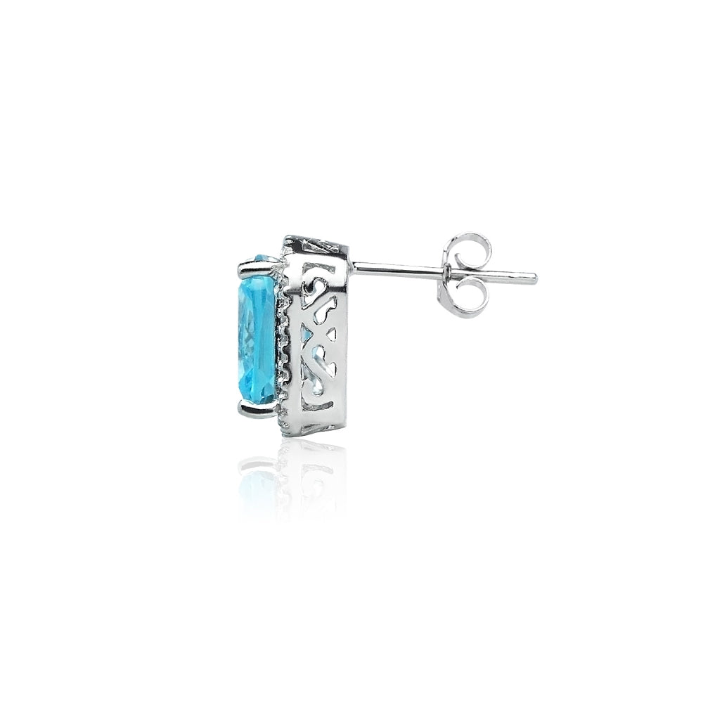 Sterling Silver Light Blue Cubic Zirconia 10x8mm Cushion-cut Rectangle Halo Stud Earrings-3