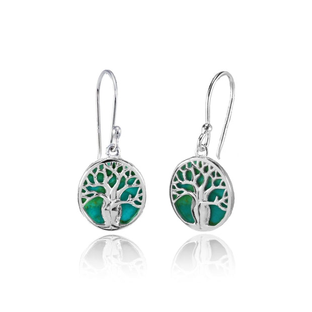 Sterling Silver Created Turquoise Polished Tree of Life Dangle Earrings