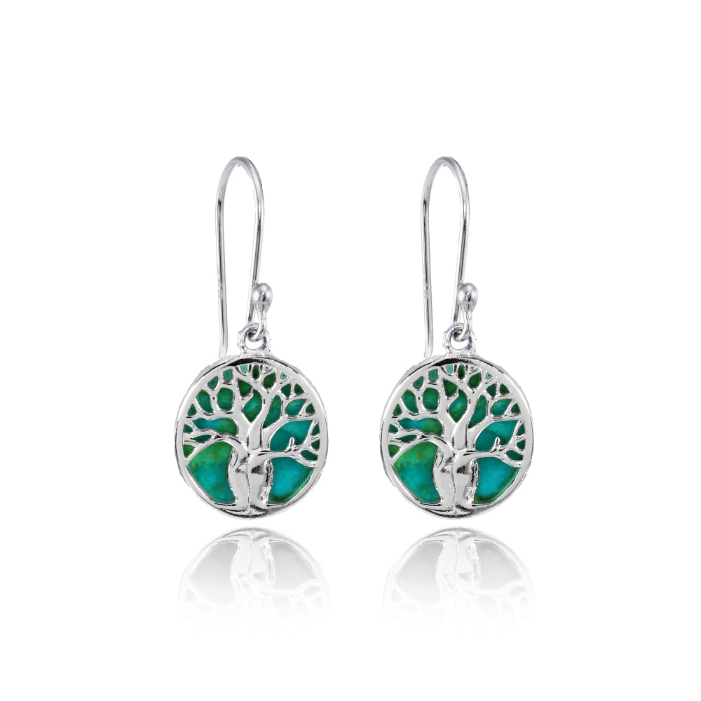 Sterling Silver Created Turquoise Polished Tree of Life Dangle Earrings-2