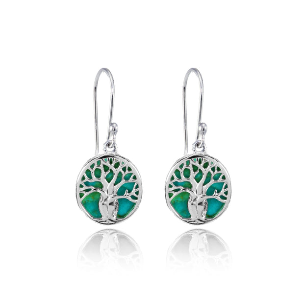 Sterling Silver Created Turquoise Polished Tree of Life Dangle Earrings