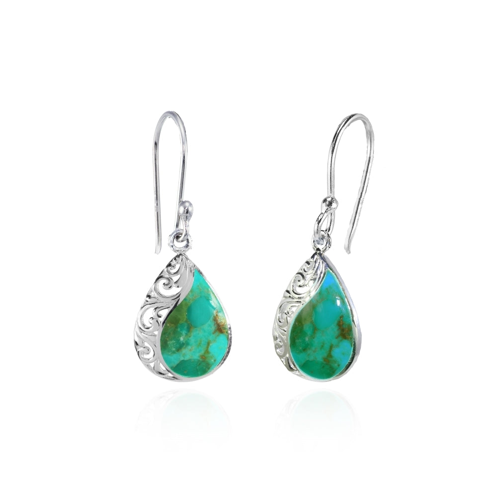 Sterling Silver Created Turquoise Polished Filigree Teardrop Dangle Earrings