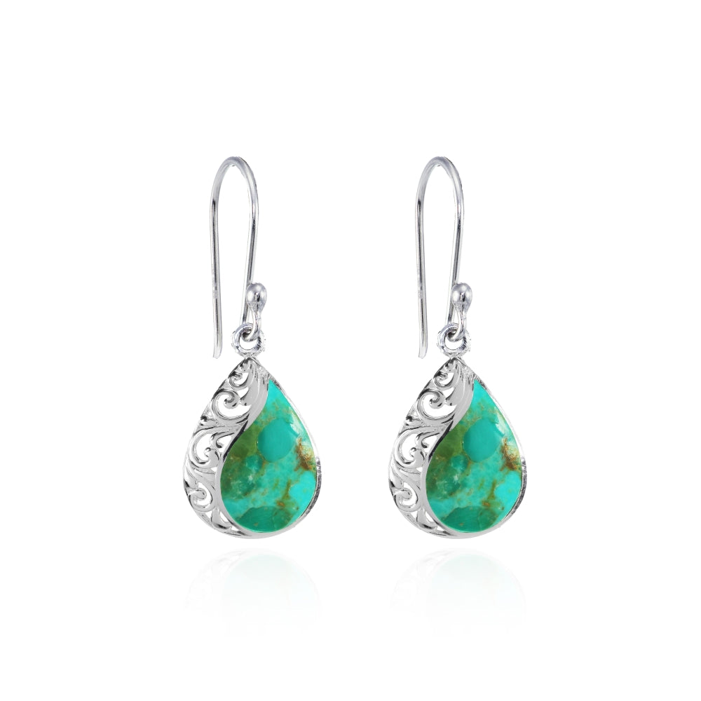 Sterling Silver Created Turquoise Polished Filigree Teardrop Dangle Earrings-2