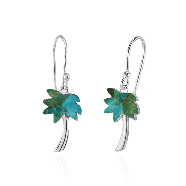 Sterling Silver Created Turquoise Polished Palm Tree Dangle Earrings