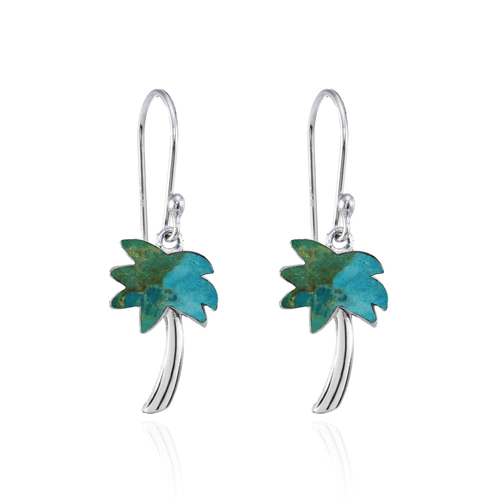 Sterling Silver Created Turquoise Polished Palm Tree Dangle Earrings-2