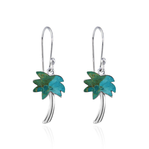 Sterling Silver Created Turquoise Polished Palm Tree Dangle Earrings