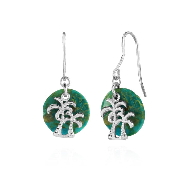 Sterling Silver Created Turquoise Round Polished Palm Trees Dangle Earrings