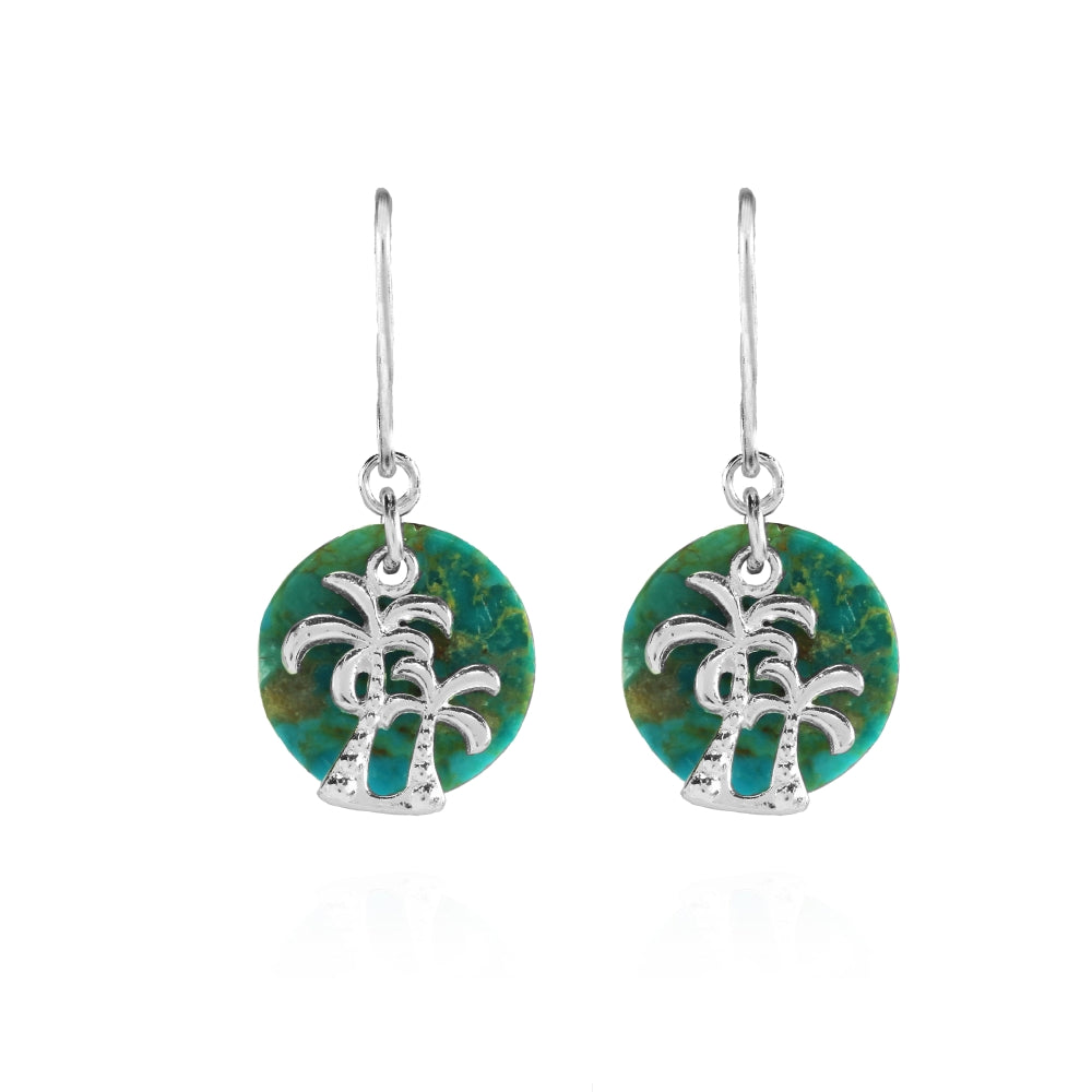 Sterling Silver Created Turquoise Round Polished Palm Trees Dangle Earrings-2
