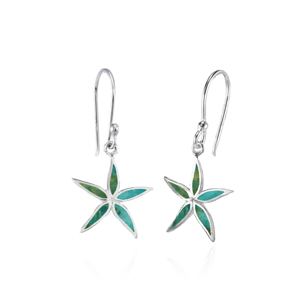 Sterling Silver Created Turquoise Polished Flower Dangle Earrings