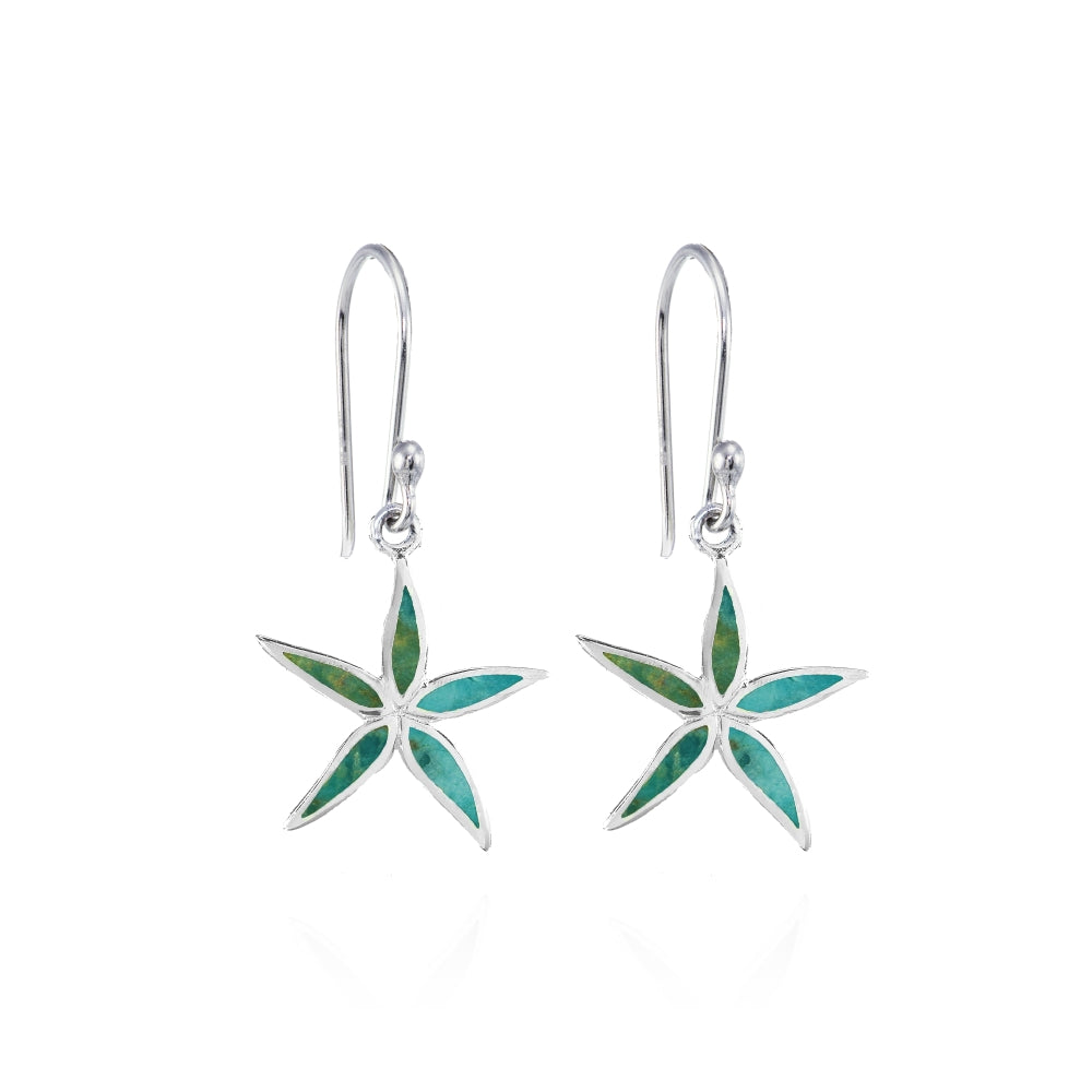 Sterling Silver Created Turquoise Polished Flower Dangle Earrings-2