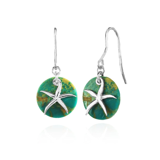 Sterling Silver Created Turquoise Round Polished Starfish Dangle Earrings