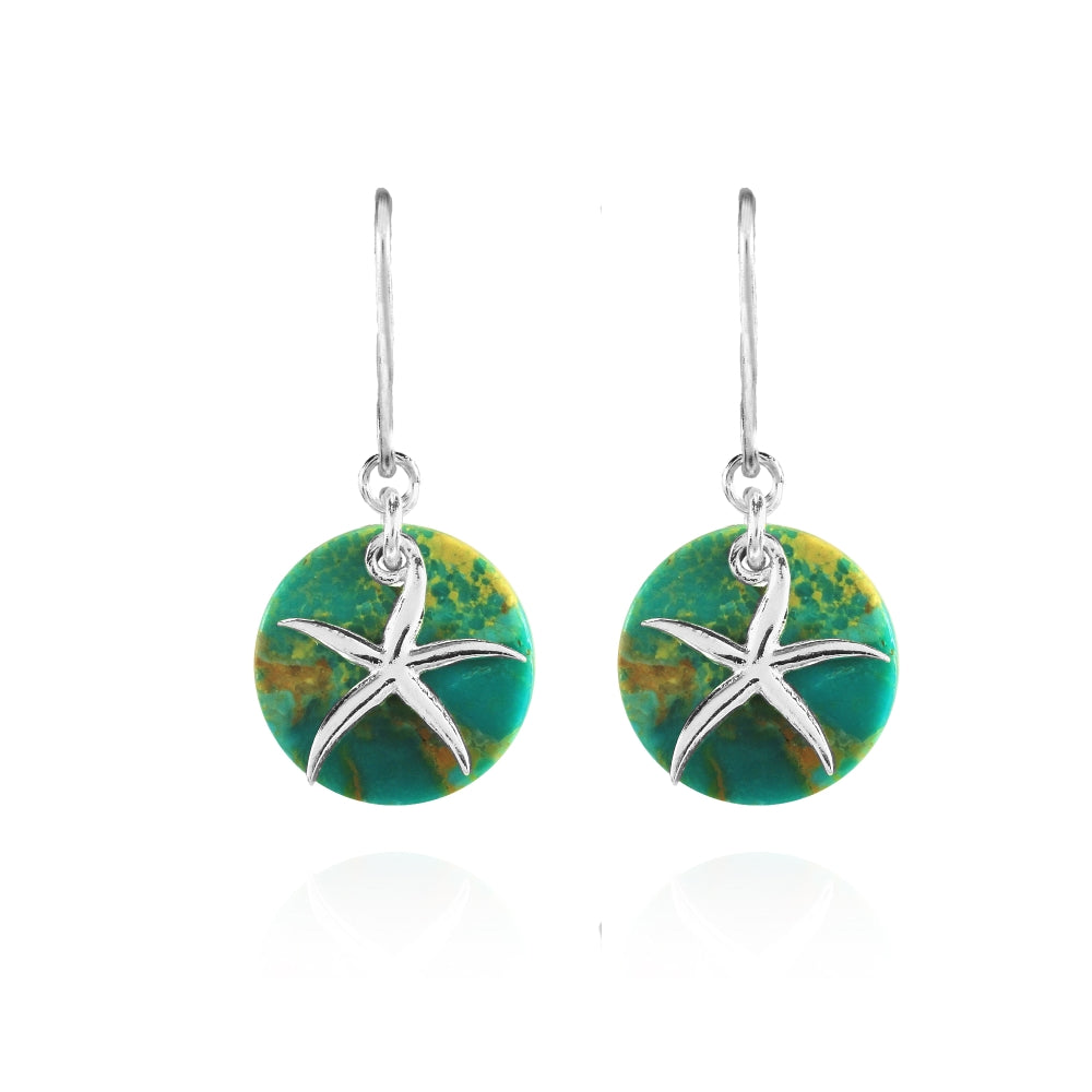 Sterling Silver Created Turquoise Round Polished Starfish Dangle Earrings-2
