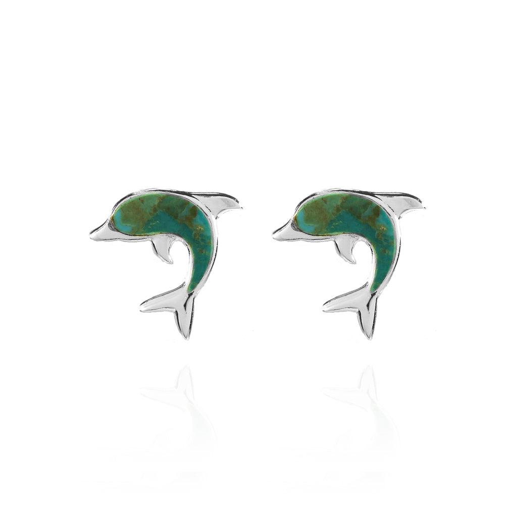 Sterling Silver Created Turquoise Dolphin Animal Stud Earrings-2