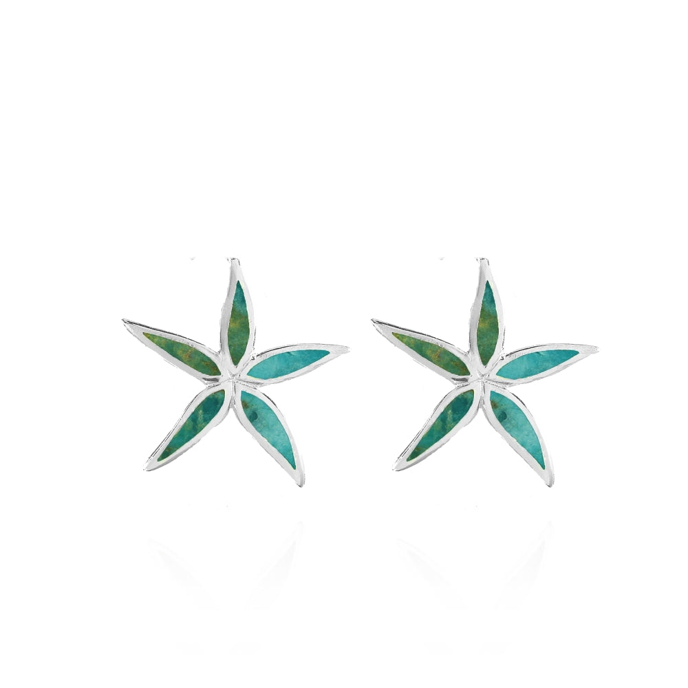 Sterling Silver Created Turquoise Flower Stud Earrings-2